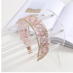 Exquisite wide embroidered headband with pink mesh and gold sequins for elegant women's hair styling.