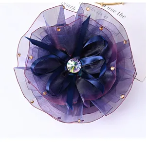 Elegant dark blue mesh rhinestone flower hair claw clip for women's daily dance styling.