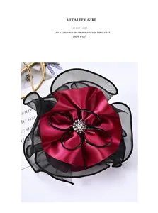 Korean style fabric flower hair claw clip with red satin mesh and sparkling rhinestones.