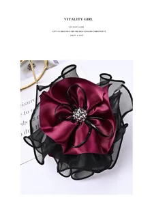 Silk mesh floral hair claw clip elegant burgundy hair accessory with rhinestone center.