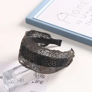 Black lace wide headband with delicate gold embroidery, non-slip hair hoop for daily fashion wear.