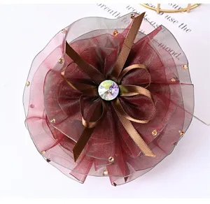 Mesh Rhinestone Flower Hair Claw Clip, Elegant Ribbon Bow Hair Accessory for Women