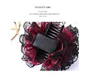 Lace mesh hair claw clip detail, dark red and black elegant hair accessory for daily use.