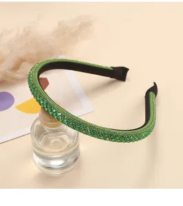 Green crystal rhinestone headband detail, elegant sparkling hair hoop for women and girls everyday wear.