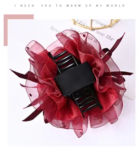 Elegant burgundy mesh flower hair claw clip with rhinestones for women hair styling accessories