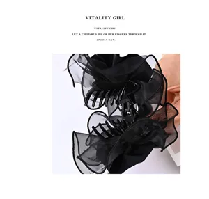 Black mesh hair claw clip detail, fabric floral design, secure daily hair styling accessory.