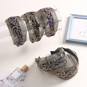 Women Vintage Lace Gold Thread Embroidered Paisley Headband Elegant Wide Hair Hoop Fashion Hair Accessories For Daily Party
