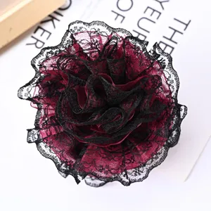 Handmade dark red fabric flower hair clip with black lace trim elegant vintage hair accessory.