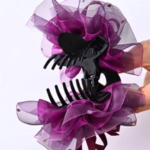 Purple mesh rhinestone hair claw clip, elegant floral hair accessory for women and girls.