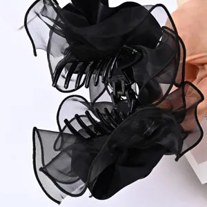 Elegant black mesh flower hair claw clip, large fabric hair accessories for women styling.