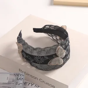 Black lace wide headband with delicate embroidered butterflies, non-slip teeth detail.