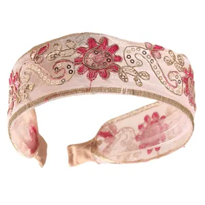 Wide embroidered hair hoop with sequin floral pink mesh headband for women daily wear