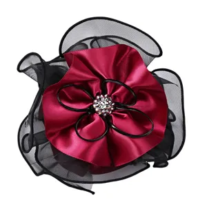 Korean style fabric hair flower claw clip with red satin and black mesh for daily wear.