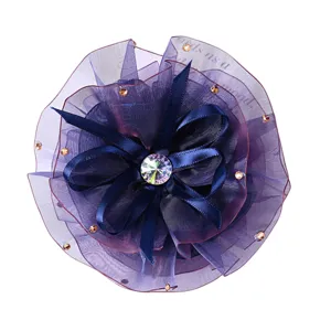 Elegant dark blue organza rhinestone flower hair claw clip for women and girls daily wear.