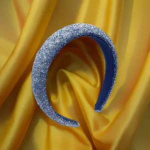 Blue sparkle padded headband for women, wide high crown hair hoop fashion accessory detail.