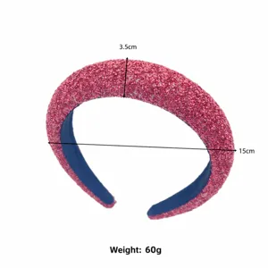 Sparkly pink sequined high crown headband for women, fashion glitter padded hair hoop accessory.