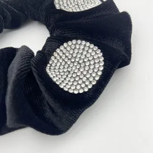 Black velvet hair scrunchie with sparkling rhinestone round patches, chic daily hair accessory.