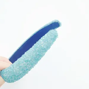 Blue crushed stone wide headband, sparkling glitter hair hoop detail view for women.