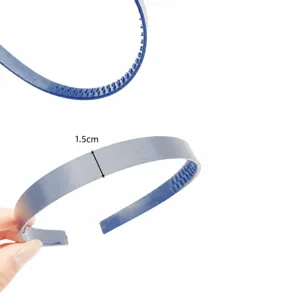 Blue plastic headband base with inner comb teeth, 1.5cm width, non-slip DIY hair hoop accessory.