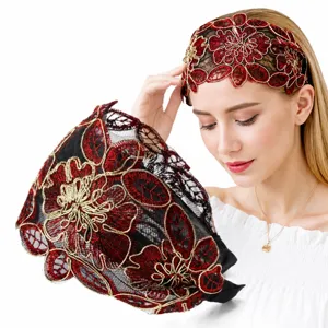 Wide lace embroidered hair band for women, red floral headband with inner teeth.