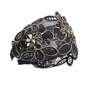 Black lace embroidered headband with gold floral pattern, elegant wide hair hoop accessory.