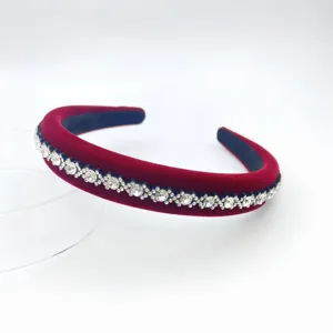 Detailed close-up view of the sparkling rhinestone velvet headband, showcasing exquisite crystal details.