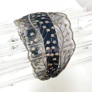 Wide black lace headband with gold embroidery, elegant floral mesh hair hoop for women accessories.