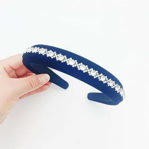 Dark blue velvet wide headband adorned with sparkling rhinestone flowers for women luxury style.