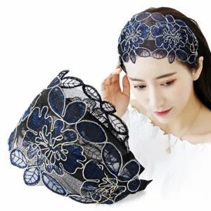 Blue embroidered wide lace headband for women, floral hair hoop with teeth for elegant styling.