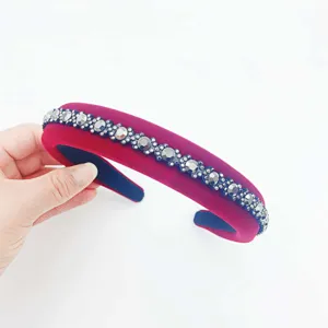 Luxury velvet rhinestone headband for women, wide handmade crystal hair hoop detail view.
