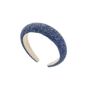 Dark blue crystal padded headband for women, luxury rhinestone baroque hair hoop accessory.