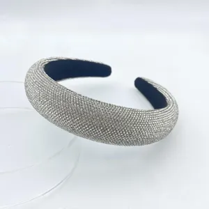 Sparkling rhinestone padded headband for women, crystal bling wide hair hoop accessory detail.