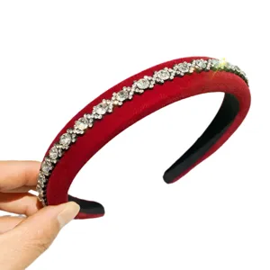 Red velvet rhinestone headband for women, luxury crystal wide hair hoop, sparkling hair accessory