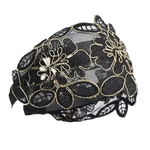 Ethnic embroidery lace headband for women, wide black hair hoop with golden floral design.