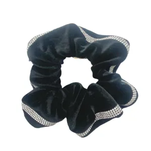 Black velvet rhinestone hair scrunchie large high elastic ponytail holder winter fashion