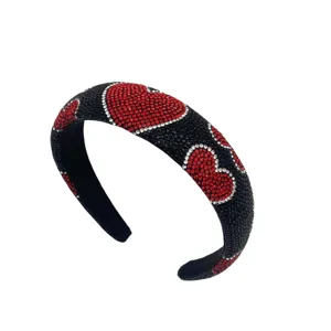 Baroque rhinestone headband with red heart pattern, black sponge high top hair hoop fashion.