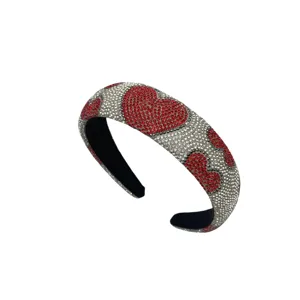 Vintage baroque rhinestone headband with sparkling crystal red heart pattern thick sponge hair hoop