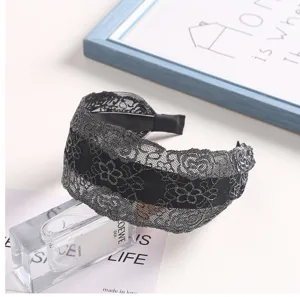 Wide lace embroidered headband with glitter floral design and anti-slip inner teeth for women.