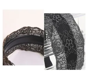 Black lace wide headband with silver glitter embroidery and anti-slip inner teeth for women.