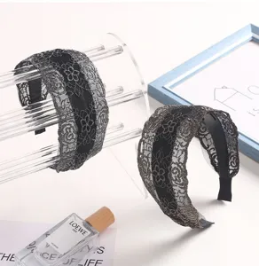 Wide lace embroidered headband fashion hair accessories non slip black hair hoop for women