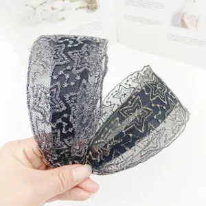 Embroidered wide lace headband with exquisite metallic pattern, stylish hair accessory.