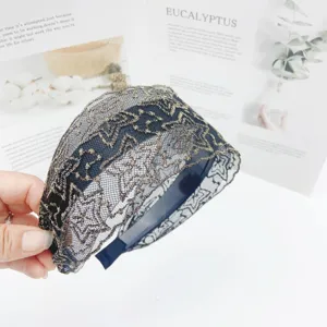 Black and gold embroidered lace wide headband with inner teeth anti-slip hair accessory.