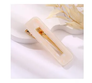 Elegant rectangular acrylic hair clip with gold metal duckbill clip for women daily styling.