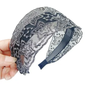 Wide lace headband with metallic embroidery and anti-slip teeth, stylish hair accessory.