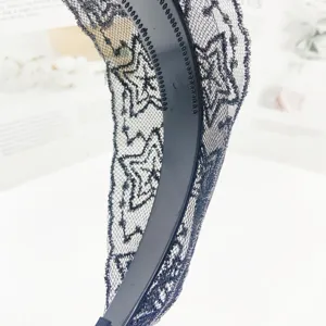 Black lace embroidered wide hair hoop with anti-slip inner teeth, elegant fashion hair accessory.