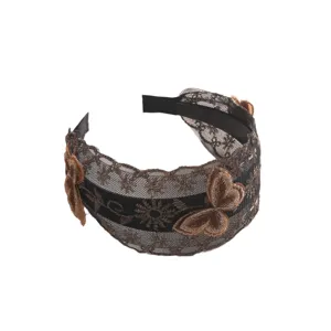 Black wide lace headband with embroidered butterfly motifs, elegant fashion hair accessory.