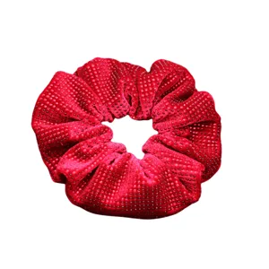 Red rhinestone velvet hair scrunchie for women, sparkly elastic hair band, elegant hair accessory.