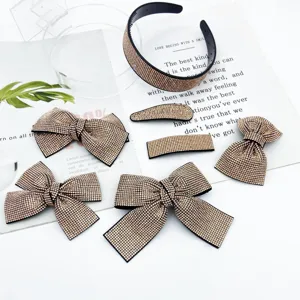Champagne rhinestone bow hair clips and headband set, sparkling crystal hair accessories for women.