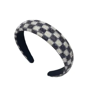Black and white checkerboard rhinestone headband, sparkly crystal padded hair hoop for women.