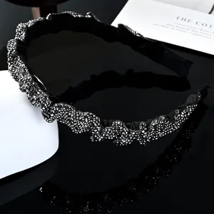 Baroque black rhinestone headband, elegant crystal pleated wide hair hoop for women.